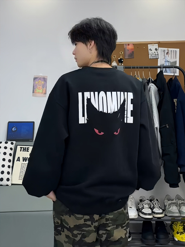 美式高街无帽卫衣男款高级感恶魔猫眼印花长袖T恤设计感情侣上衣|undefined