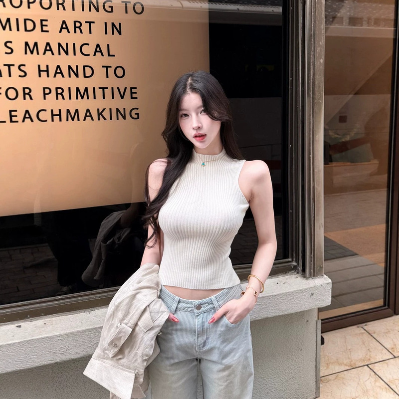 【Cool Silk Wash】Haijie Diary Sleeveless Ribbed Half-Turtleneck Tank Top for Women, Summer Outerwear, Waist-Cinching Short Top 【Cool Silk Wash】Haijie Diary Sleeveless Ribbed Half-Turtleneck Tank Top for Women, Summer Outerwear, Waist-Cinching Short Top