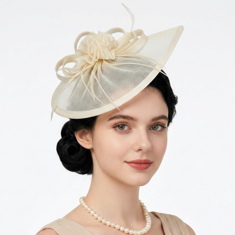 New imitation linen floral bridal cheongsam, fashionable for horse racing shows, mesh evening dress for socialites, small top hat, women's head accessory
