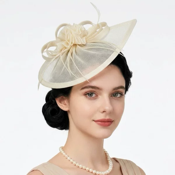 New imitation linen floral bridal cheongsam, fashionable for horse racing shows, mesh evening dress for socialites, small top hat, women's head accessory