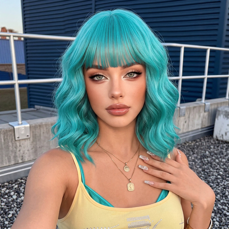 European and American style party wig for women, blue-green, shoulder-length wavy short curls with bangs, high-temperature fiber, Halloween wig, 14 inches European and American style party wig for women, blue-green, shoulder-length wavy short curls with bangs, high-temperature fiber, Halloween wig, 14 inches