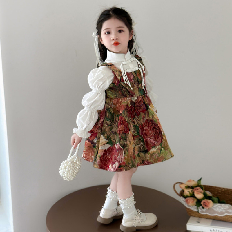 女童裙套装两件套2025秋季新儿童洋气复古提花背带连衣裙套装时尚|undefined