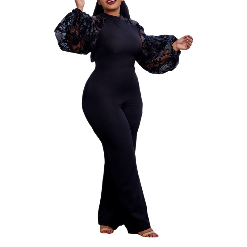 Ropa de mujer transfronteriza europea y americana más tamaño primavera nueva moda elegante malla ol puff manga pierna ancha Comercio exterior mono