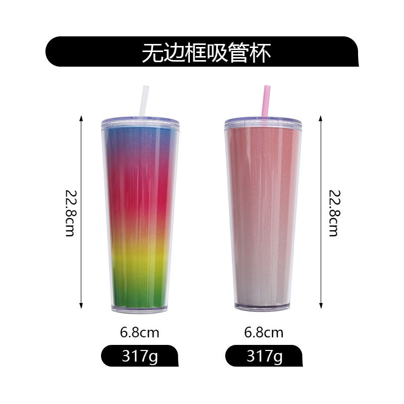 750ML创意时尚随手水杯 双层塑料杯加工印logo大容量无边框吸管杯|undefined