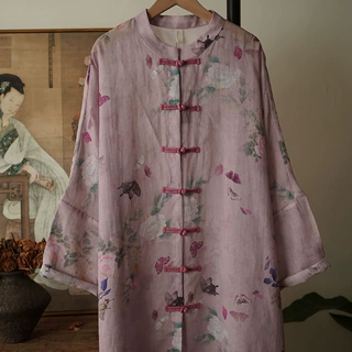 夏季新款   单层苎麻数码印花立领撞色盘扣宽松百搭茶服097071