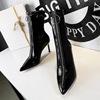 Slim heel pointed high heel SHINY PATENT LEATHER front zipper skinny boots short boots