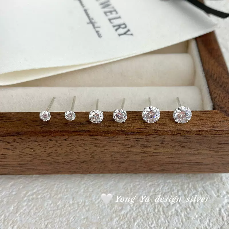 S999足银多尺寸莫桑石耳钉小清新淡雅气质简约几何小众耳饰代发