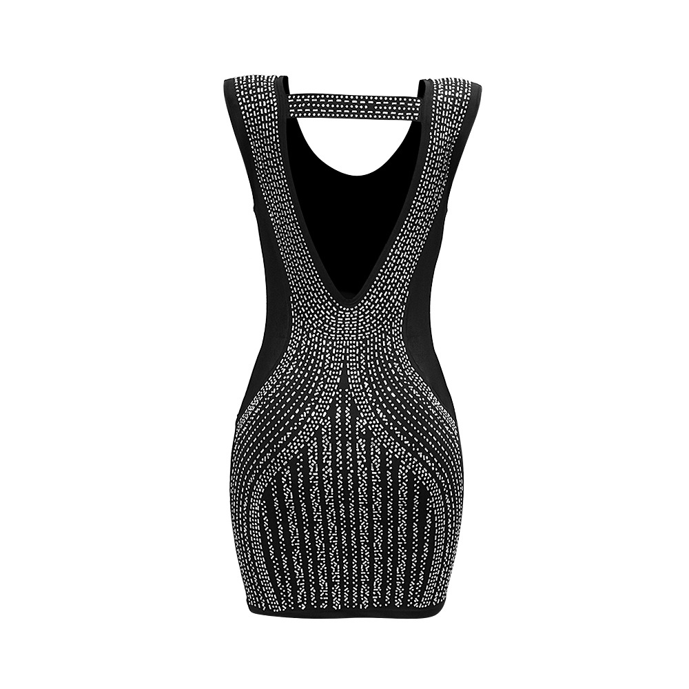 Deep V Plunge neck Sleeveless Sheath Rhinestone Dress Women Sexy Evening Dress Hollow Out Cutout