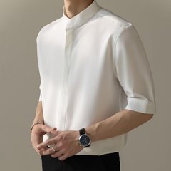 新商品の軽豪華高級立襟男性シャツ五分袖ビジネス通勤百合修身高級感垂感シャツ