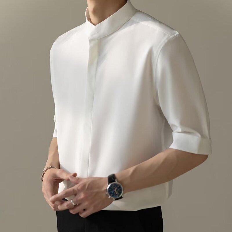 New light luxury high-end stand collar men's shirt half sleeve business commuter versatile slim high-grade drape shirt