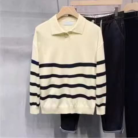 Striped Lapel Sweater Men's Comfortable Outer Wear Contrast Color Knitwear Casual Fashion Comfortable Top Base Sweater Men's