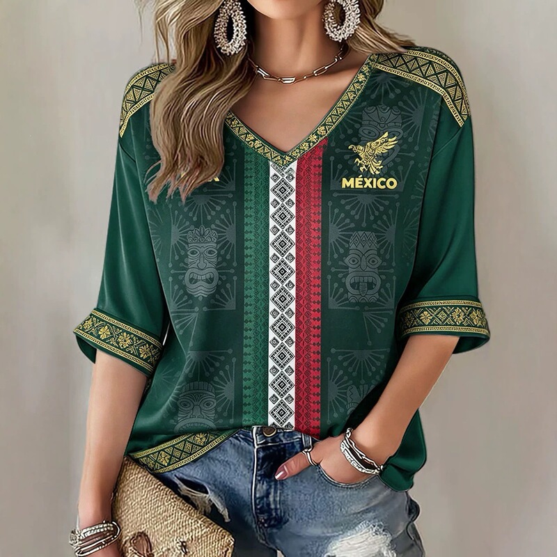 2026 Foreign Trade Cross-Border Independent Site Amazon New Style Drop Shoulder V-Neck Three-Quarter Sleeve 3D Printed Women's Top T-Shirt