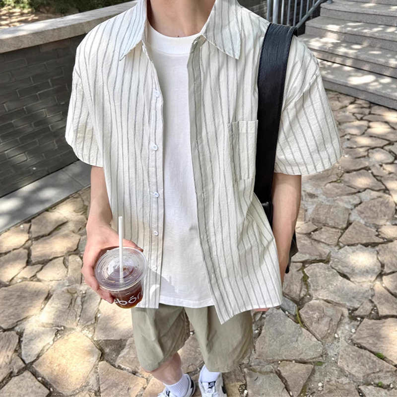 White Striped Short-Sleeve Shirt for Men, Summer Cleanfit American Retro Lazy Style Shirt, Artistic Trendy Brand Half-Sleeve
