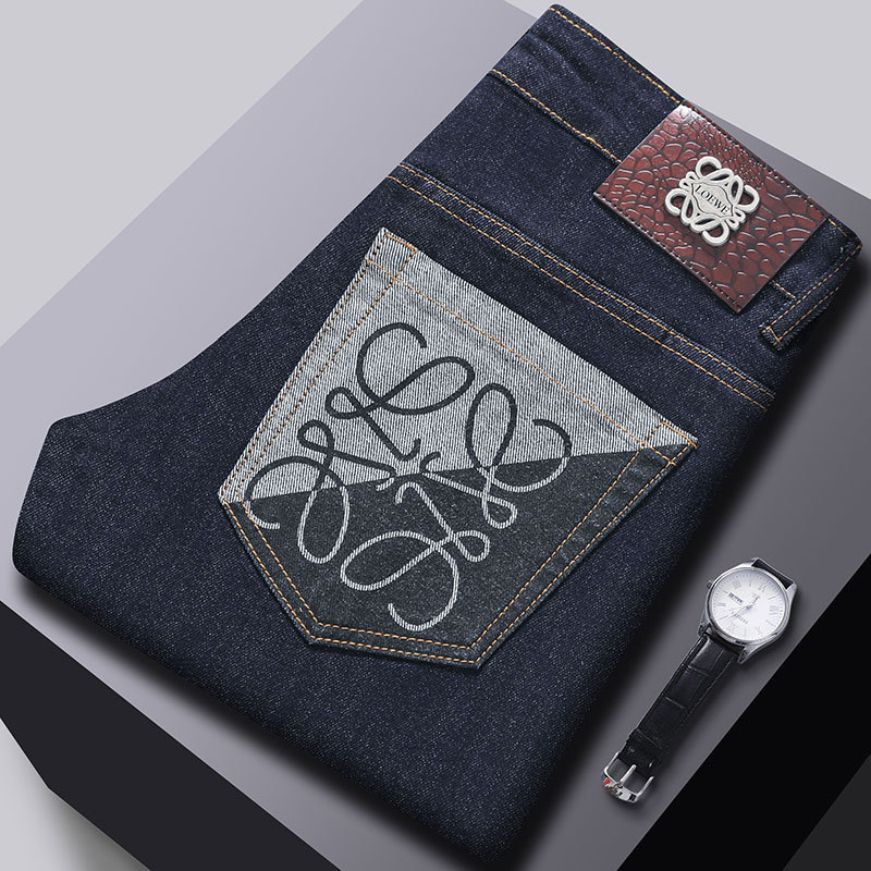 2024 새로운 하이 엔드 남성 청바지 가을, 겨울 스트레치 슬림 피트 진한 파란색 브랜드 프린트 캐주얼 바지