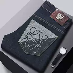 2024 New Premium Men's Jeans Autumn Winter Stretch Fit Skinny Dark Blue Brand Print Casual Pants