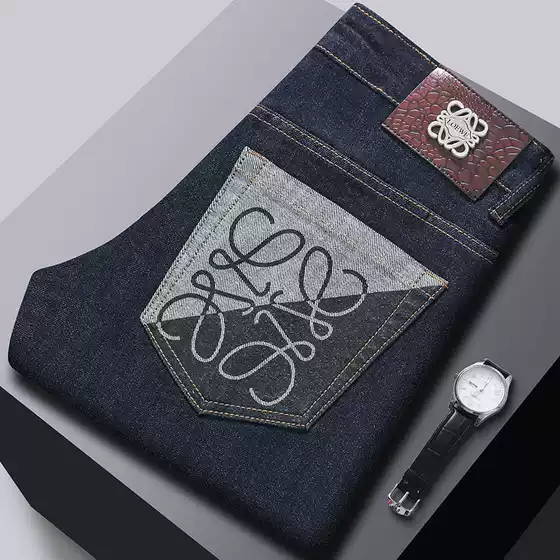 2024 New Premium Men's Jeans Autumn Winter Stretch Fit Skinny Dark Blue Brand Print Casual Pants