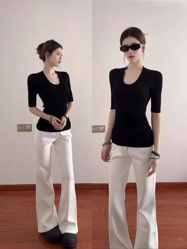 210 grams of 40 fine cotton 1*1 black U-collar women's T-shirt slim temperament inside the base shirt half sleeve shoulder jacket