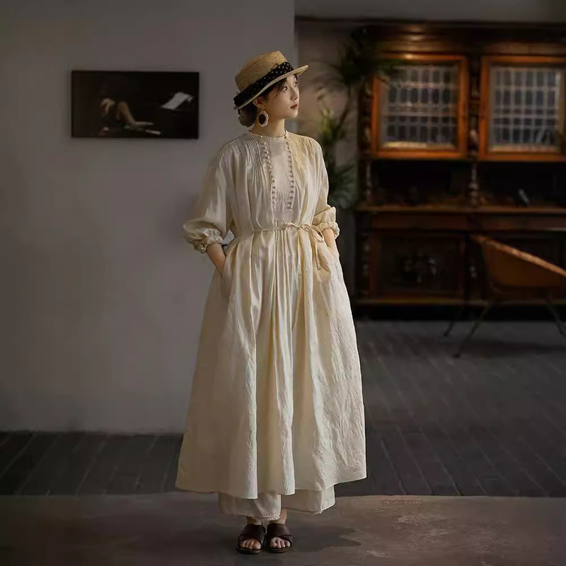 Summer Literary Retro Casual Original Women's Tussah Silk Light Texture French Classical Silk Long Dress