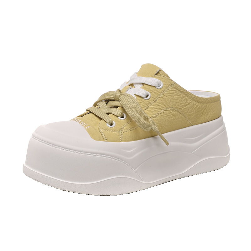 Giày sneaker nữ đế dày tăng chiều cao, mũi tròn bít, phong cách thể thao mùa hè 2025 — Màu be, Màu hồng, Màu vàng