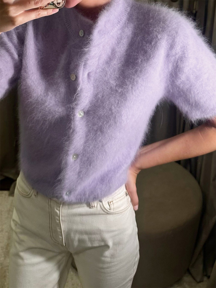 Áo cardigan dệt kim tay ngắn cổ bán cao ôm dáng phong cách retro — Màu hồng, Màu hồng cánh sen, Màu trắng, Màu tím chi tiết 24