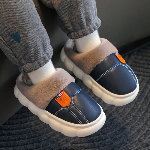 Children's Cotton Slippers PU Waterproof Soft Sole Anti-Slip Fleece Thickening Parent-Child Adult Couple Home Winter Warmth