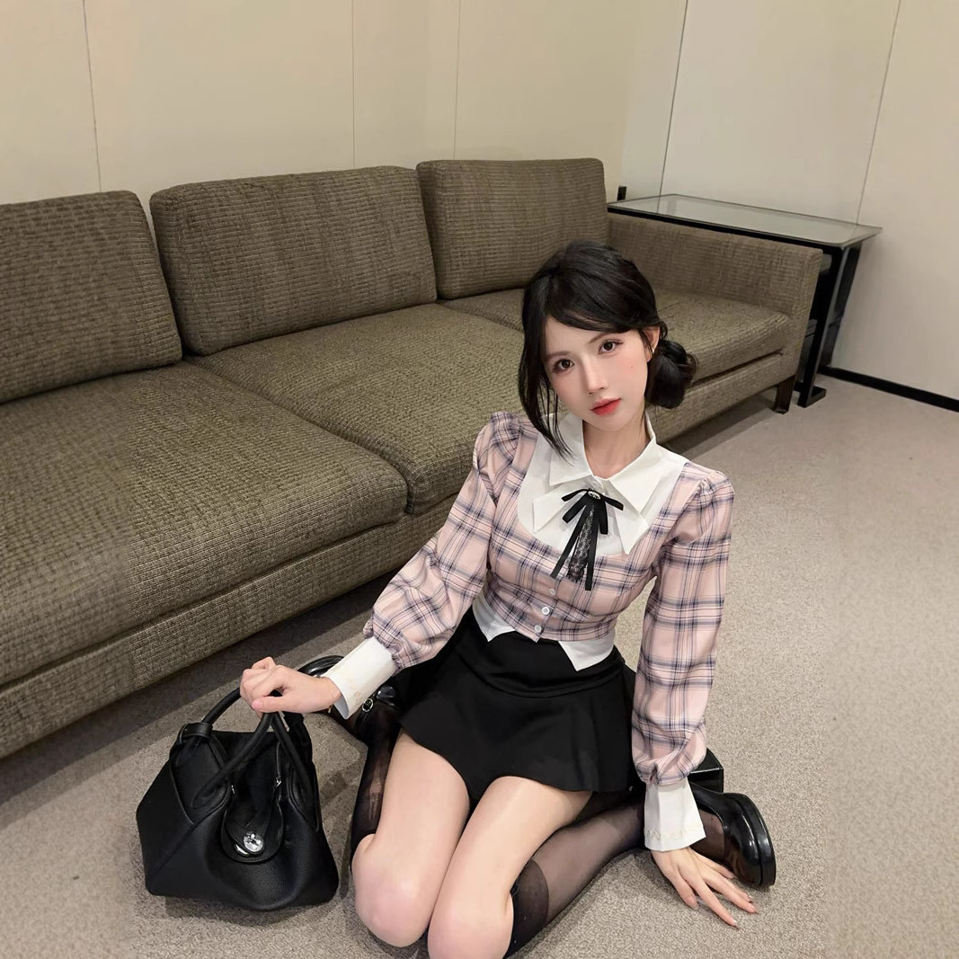 대학 스타일 달콤한 향신료 소녀 나이 감소 가짜 2 조각 격자 무늬 작은 대비 셔츠 블랙 투투 스커트 JK 세트 트렌디