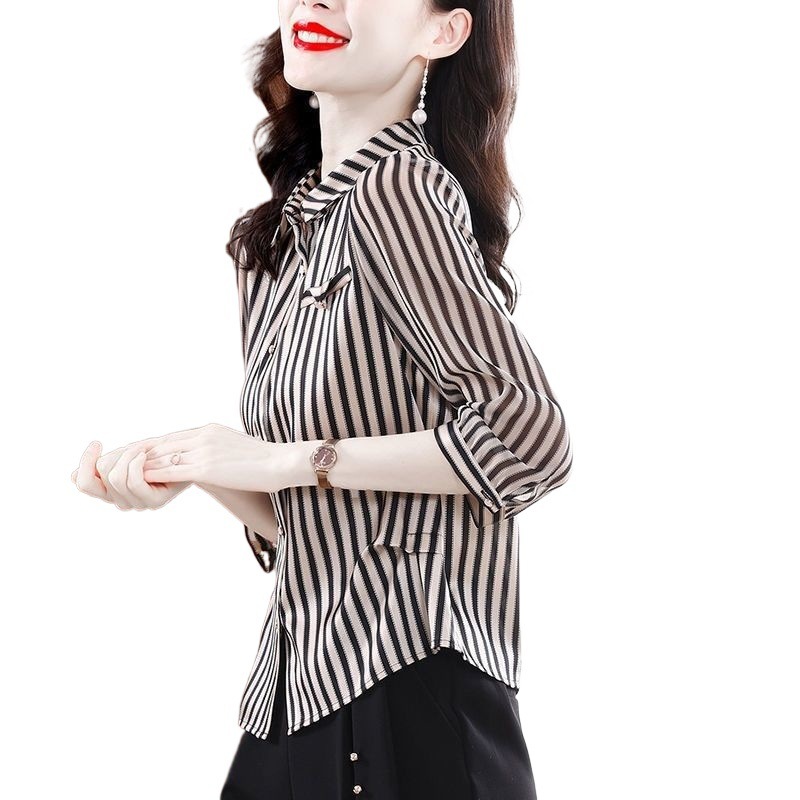 条纹衬衫女2025春装新款欧美时尚气质百搭九分袖上衣洋气显瘦衬衣|undefined