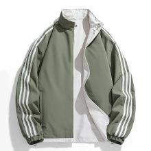 夹克男春秋新款三条杠两面穿外套情侣户外运动休闲冲锋衣跨境外套