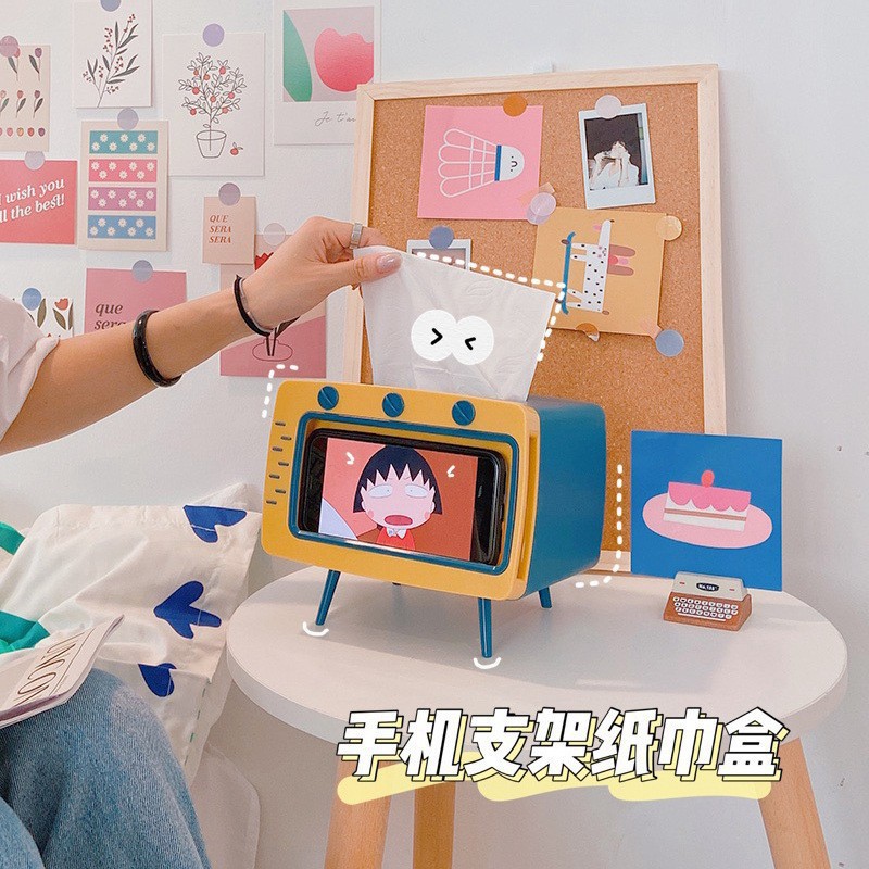 Creativa caja de pañuelos de TV soporte para teléfono móvil servilleta de tejido de almacenamiento decoración sala de estar lindo estante de almacenamiento de dibujos animados