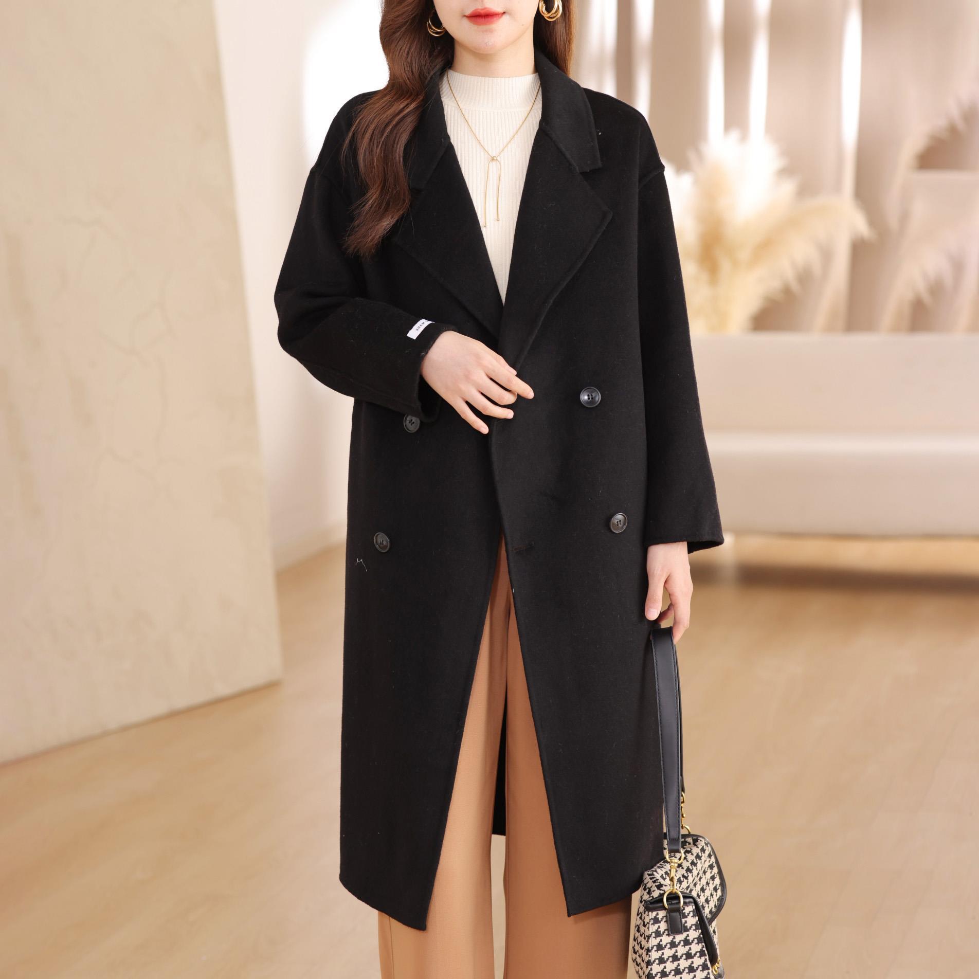 Real Shot of 2025 New Style Small Autumn and Winter Woolen Outwear Double-Breasted Mid-Length Cocoon-Shaped Outwear for Women K-Style