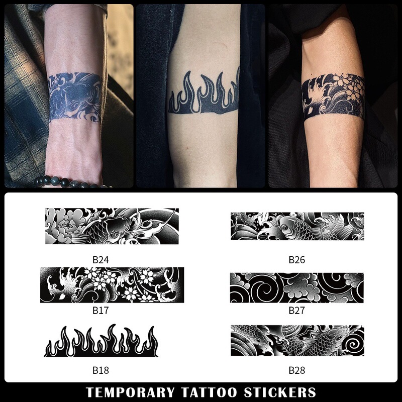 Chinese style bracelet tattoo sticker, carp and lotus flame design, waterproof realistic temporary tattoo arm decoration sticker