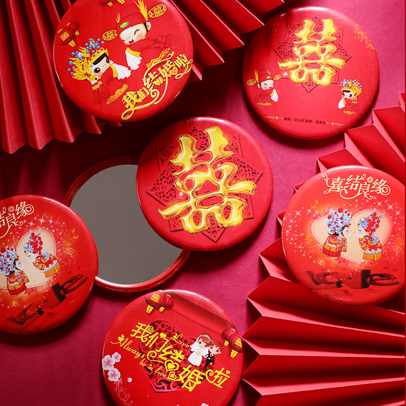 Espejo rojo de boda portátil mini espejo de maquillaje de mano novio espejo de cintura festivo suministros de boda al por mayor