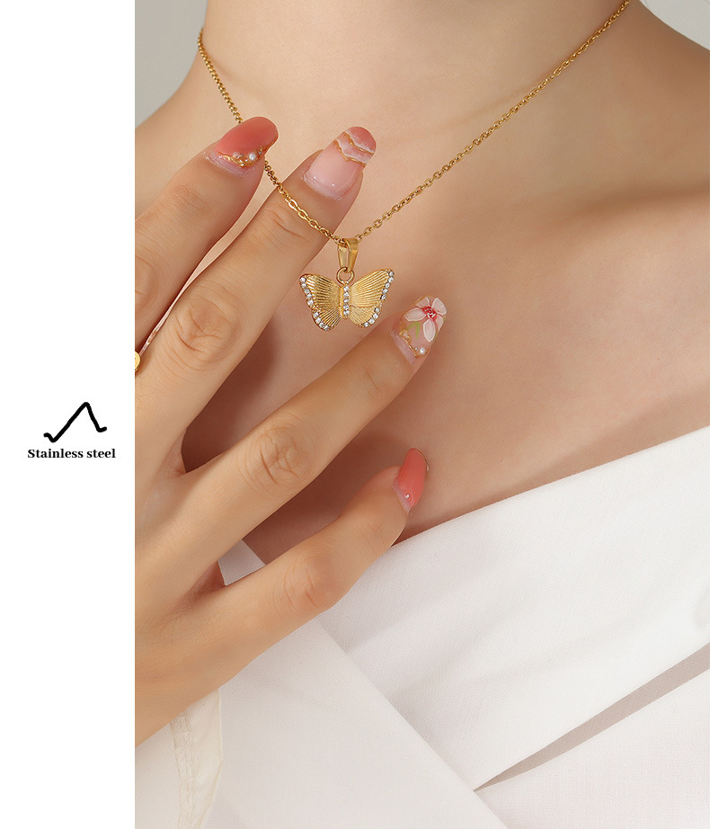 Fashion Butterfly Titanium Steel Pendant Necklace Plating Inlay Zircon Stainless Steel Necklaces