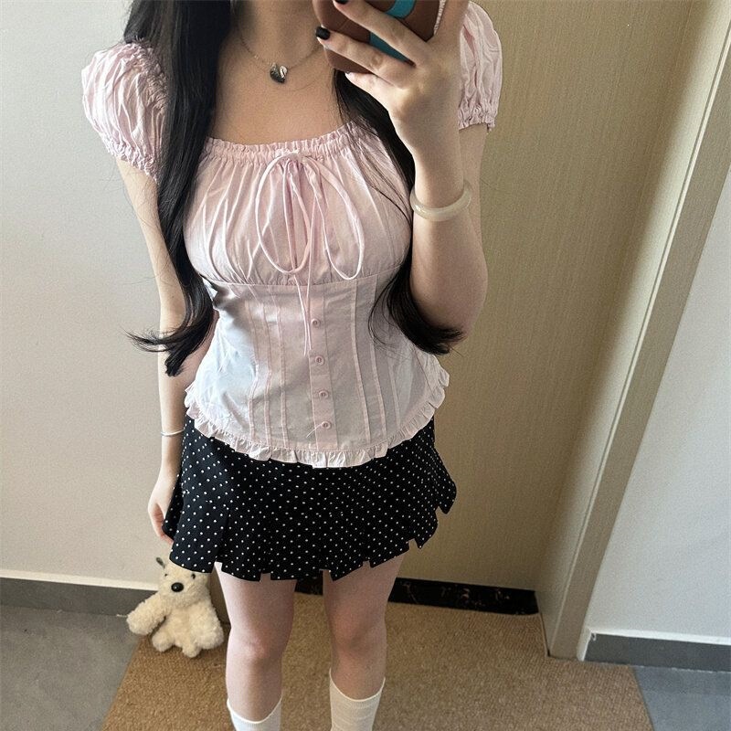 Korean-Style Sweet Blouse with Square Neck, Off-Shoulder, Puff Sleeves, Short-Sleeve Shirt for Women, Bowknot Shirt, Pink Top Korean-Style Sweet Blouse with Square Neck, Off-Shoulder, Puff Sleeves, Short-Sleeve Shirt for Women, Bowknot Shirt, Pink Top