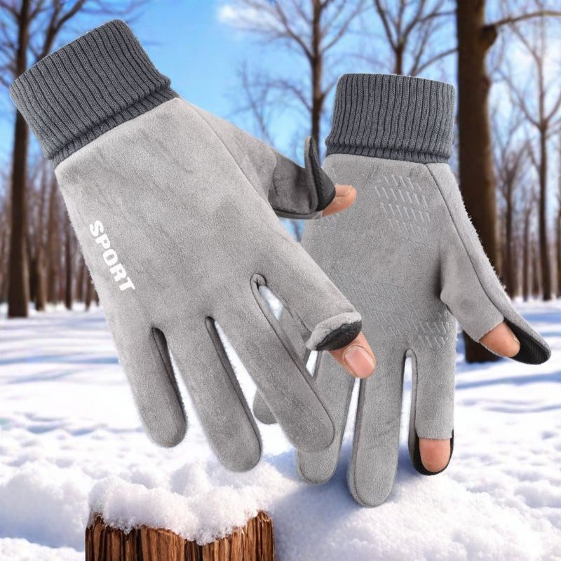 Suede Warm Gloves for Men and Women, Winter Fleece-Lined Touch-Screen Fingerless Gloves, Outdoor Running and Cycling Gloves Wholesale