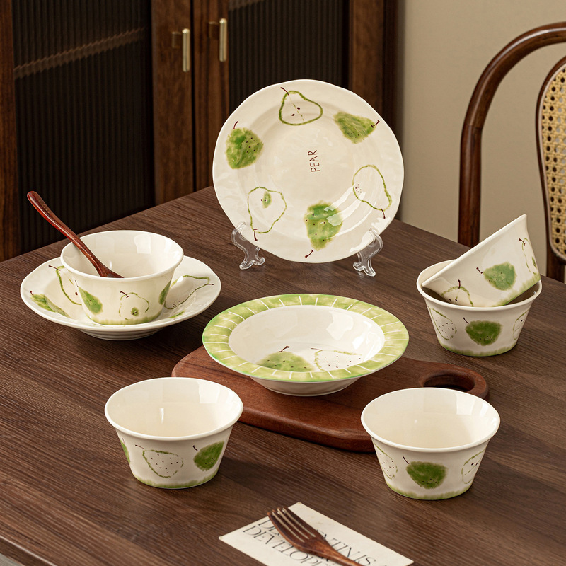 Milky white glazed green pear ceramic tableware set with underglaze decoration, bowls and plates for home use, housewarming and birthday gift Milky white glazed green pear ceramic tableware set with underglaze decoration, bowls and plates for home use, housewarming and birthday gift