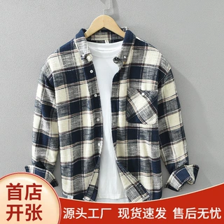 春秋季复古纯棉内搭格子衬衫男日系潮牌宽松工装长袖衬衣休闲外套