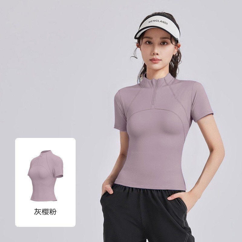 ヌード肌に優しいヨガトップアウトドアランニング速乾ヨガ半袖Tシャツハーフジッパースリム高弾性フィットネスウェア|undefined