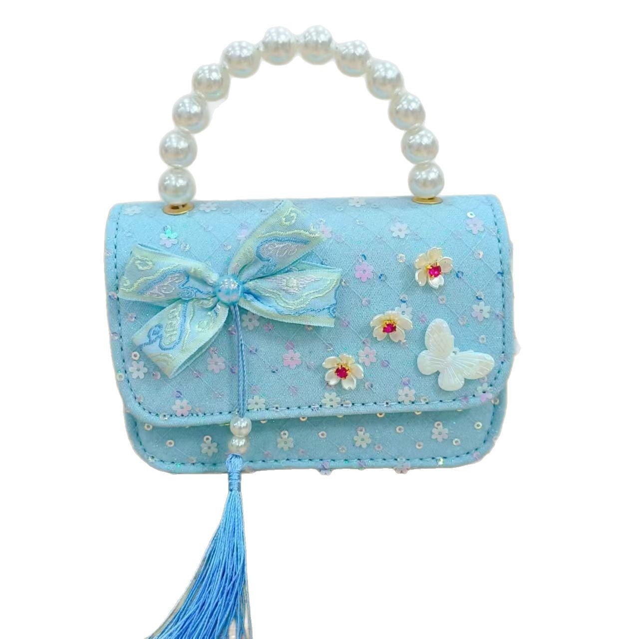 Niños pequeños viento fragrante hombro alto sentido de la chica antigua bolso de cambio princesa perla accesorios de ropa china portátil mochila