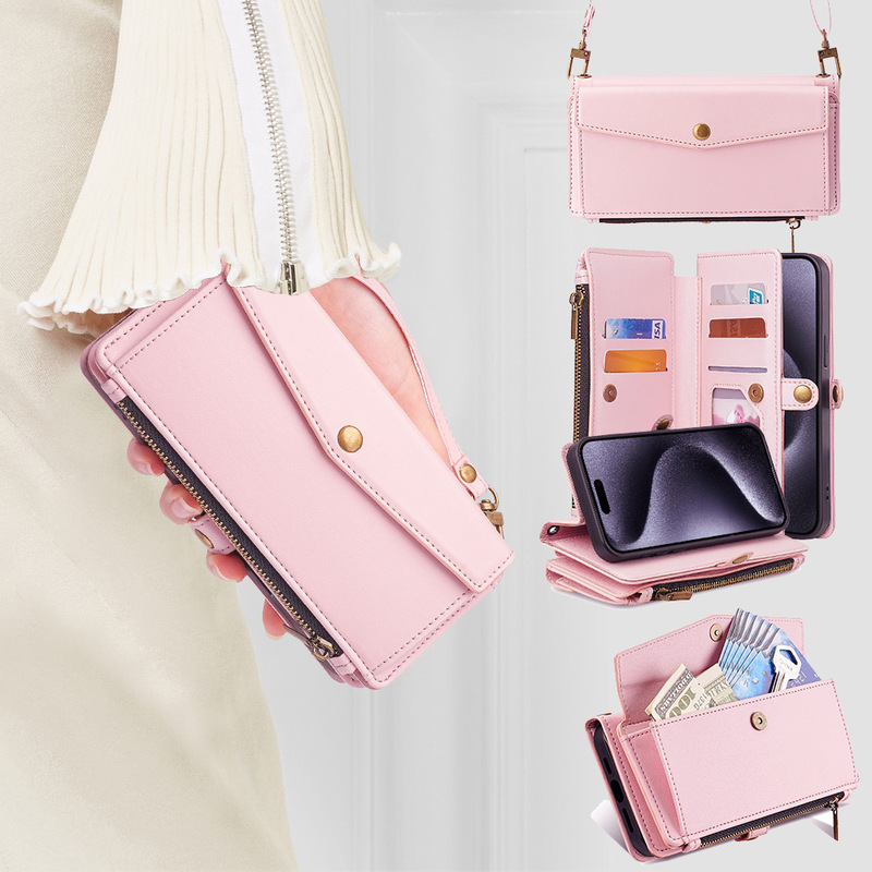 Suitable for Apple Air Crossbody Shoulder Strap Leather Case 16Pro Multifunctional Phone Case 14 Card Holder 15 Wallet Protective Case 17