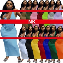 FQ21S812NK 跨境女裝歐美時尚吊帶背心深V領加logo 修身長裙 NK