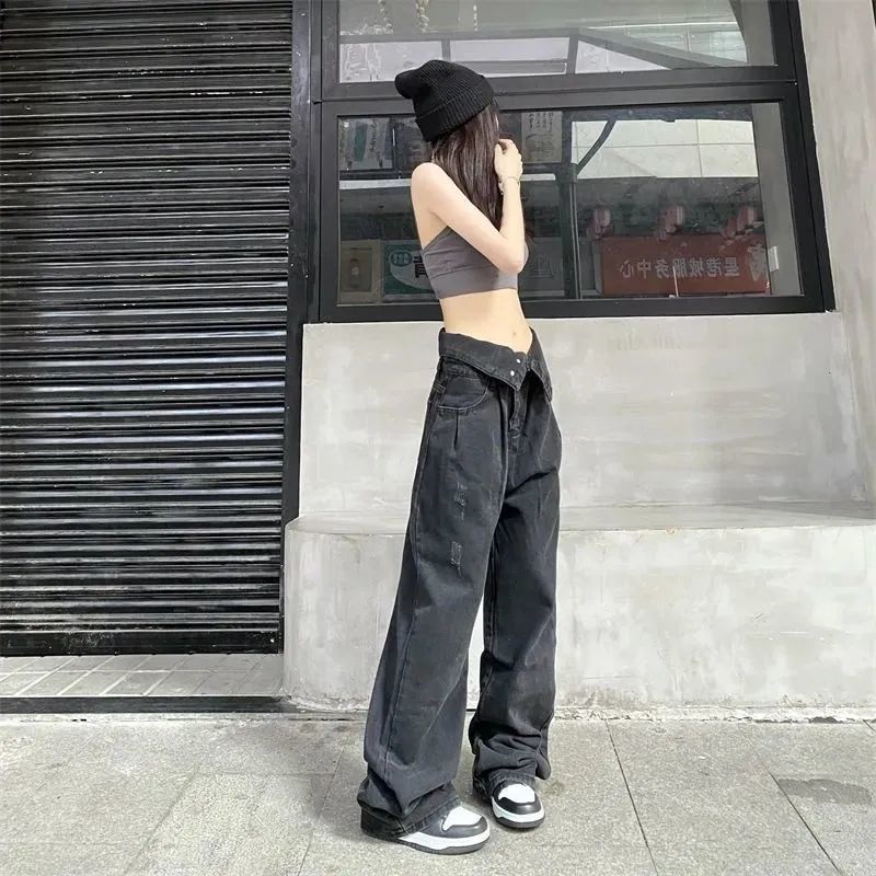 아메리칸 스타일 빈티지 세탁 및 랩 디자인 틈새 청바지 여성의 가을 높은 허리 스트레이트 느슨한 넓은 다리 긴 바지