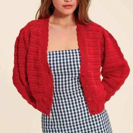 法式针织衫24新款复古红色棉质镂空前系扣泡泡袖V领镂空针织开衫