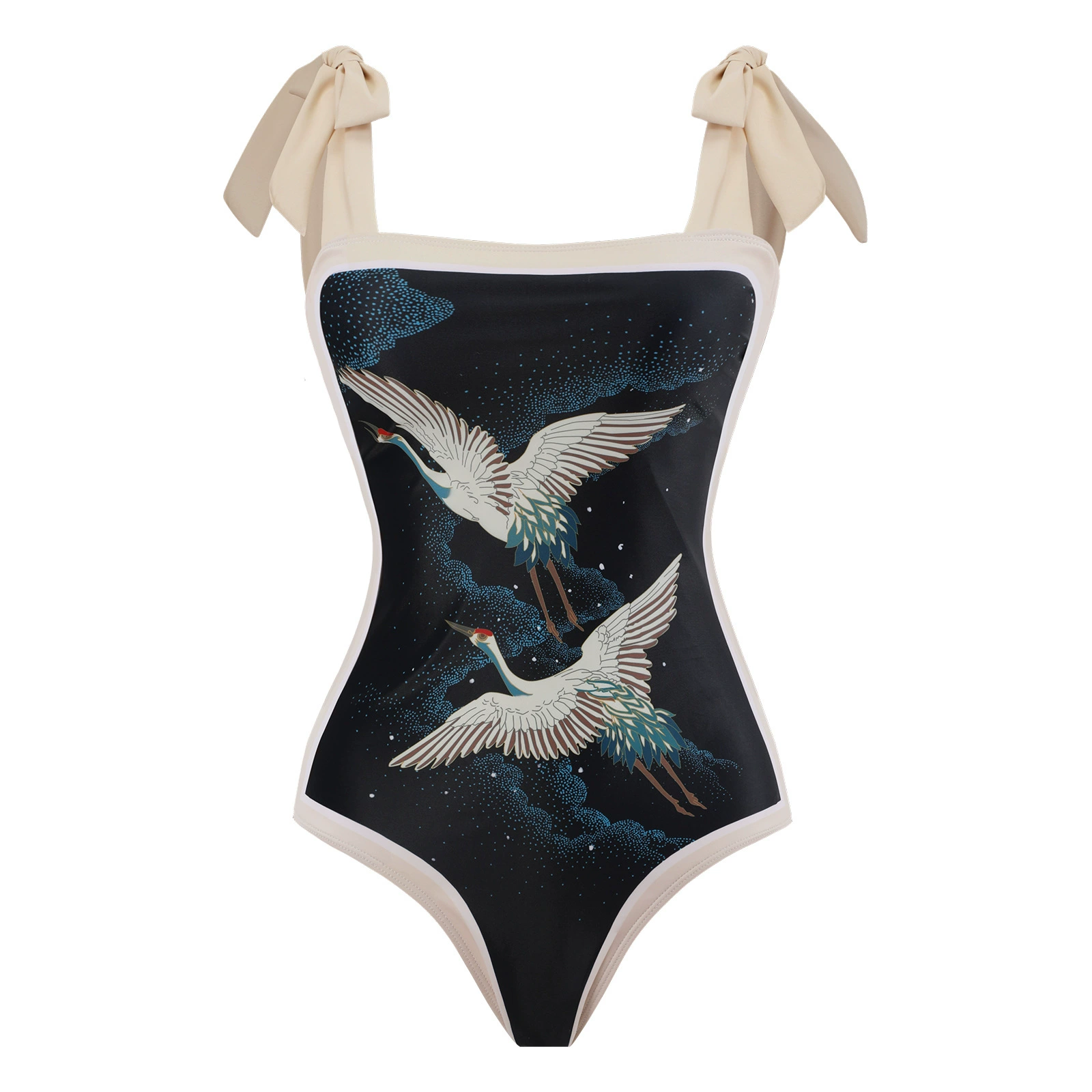 One-Piece Swimsuit (Qiao Jiayuan) 2025 Retro Style with Wrap Skirt, Crane Print, S–XL & One Size