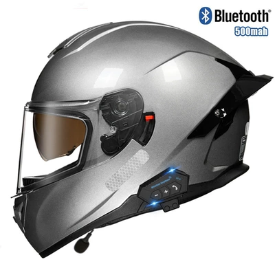 Motosiklet kaskı (dəbilqə) — motorcycle helmet double lens - silver-transparent-bluetooth-m