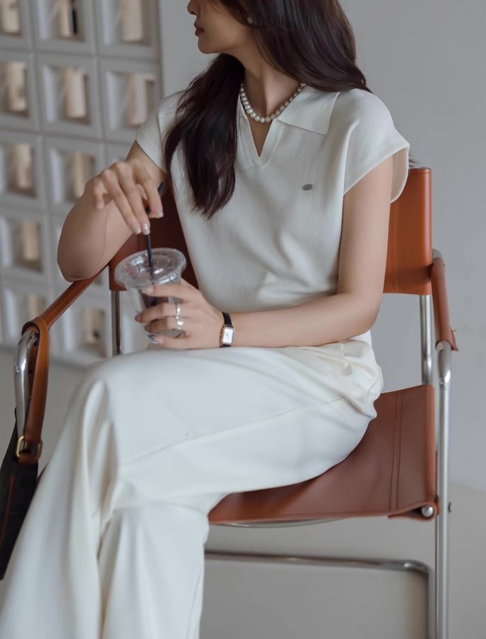 Áo polo nữ ngắn tay cổ bẻ chất liệu linen pha sợi dệt kim — màu đen chi tiết 10