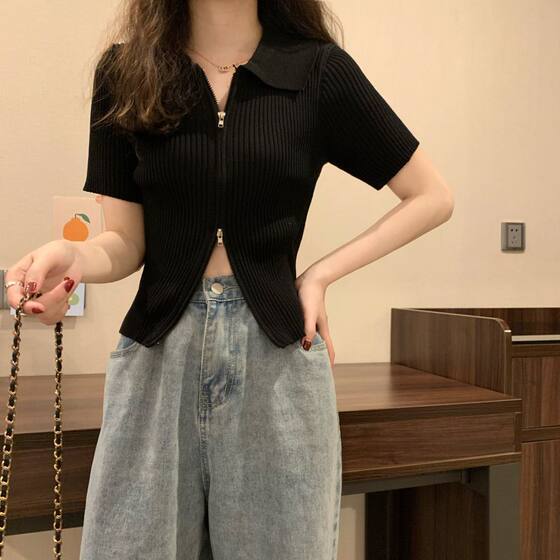 Double-head Zipper Cardigan Short Slim-fit Sweater Summer 2023 New Women's Design Sense Niche Short-sleeved Top