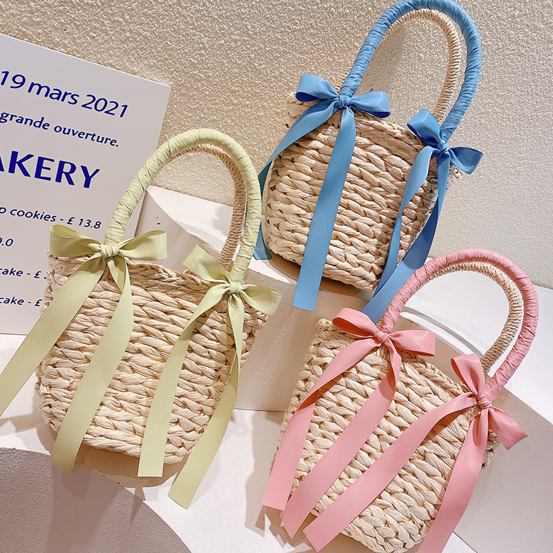 Women's Small Nylon Bow Knot Vintage Style Bucket Open Straw Bag display picture 7