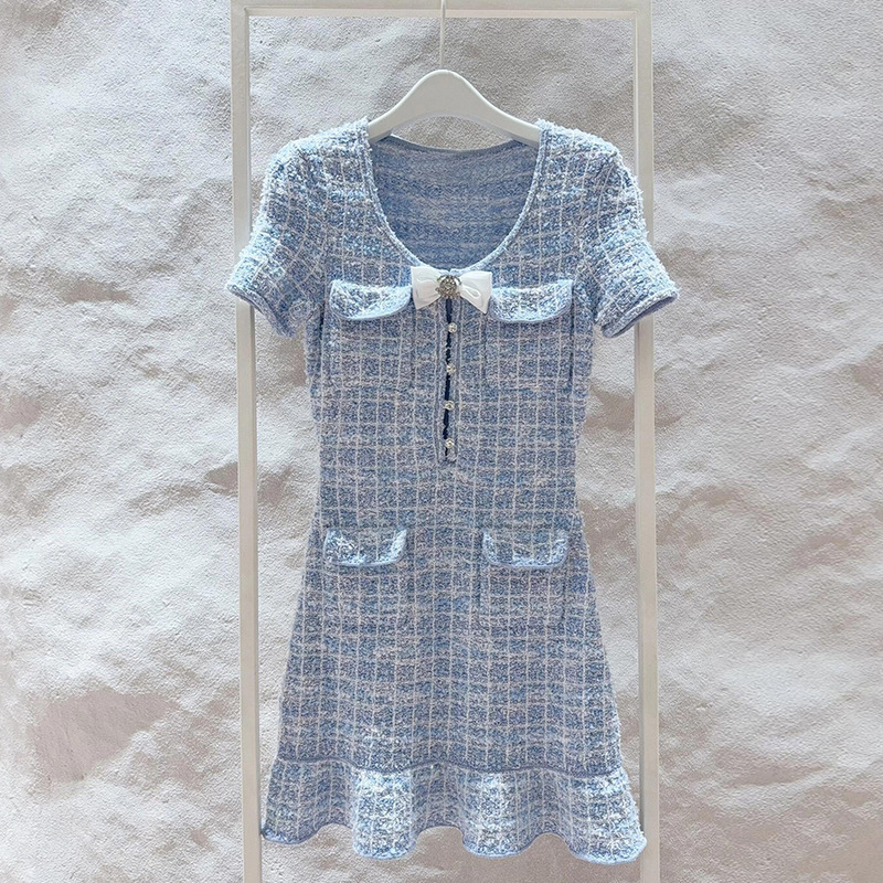 Sp Tweed Style Knitted Dress 2025 Spring and Summer New Blue Mixed Color Elegant Short-Sleeved Plaid Waist Short Skirt