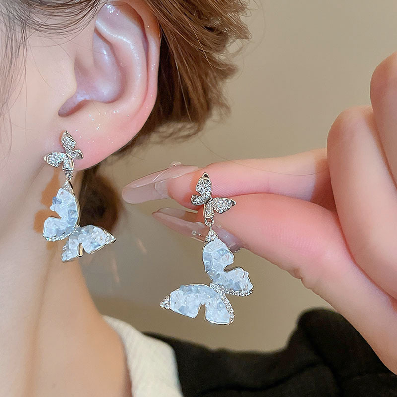 Aguja de plata, estilo de vacaciones azul, pendientes de lazo de flores suaves, pendientes de moda fresca, pendientes de ambiente dulce